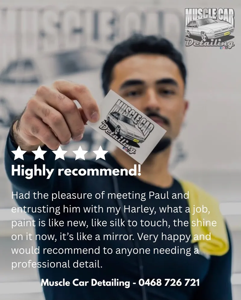 Five-star review: Highly recommend! Had the pleasure of meeting Paul and entrusting him with my Harley, what a job, paint is like new, like silk to touch, the shine on it now, it’s like a mirror. Very happy and would recommend to anyone needing a professional detail.